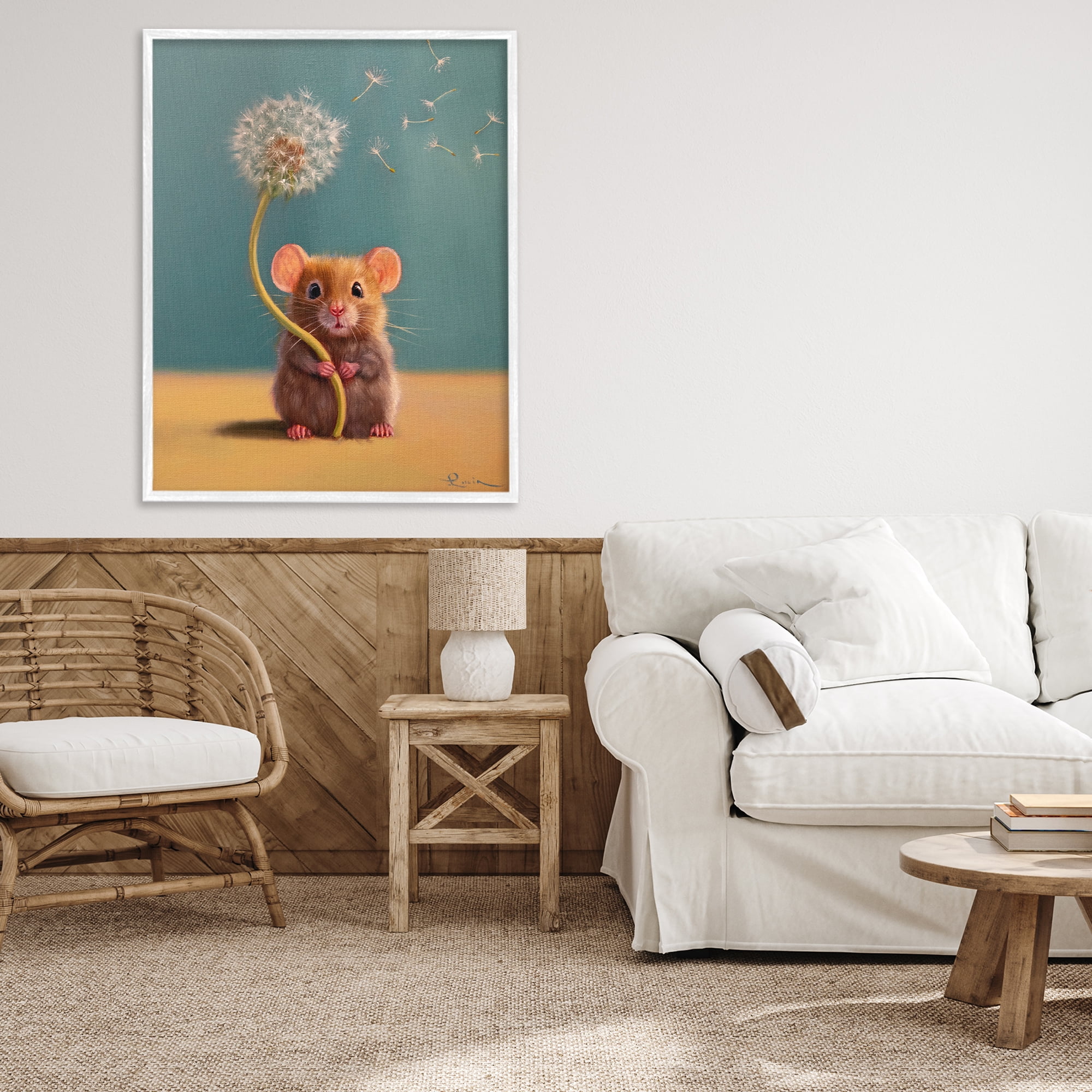 Tiny Wishes Mouse & Dandelion White Framed Giclee Art, design by Lucia Heffernan