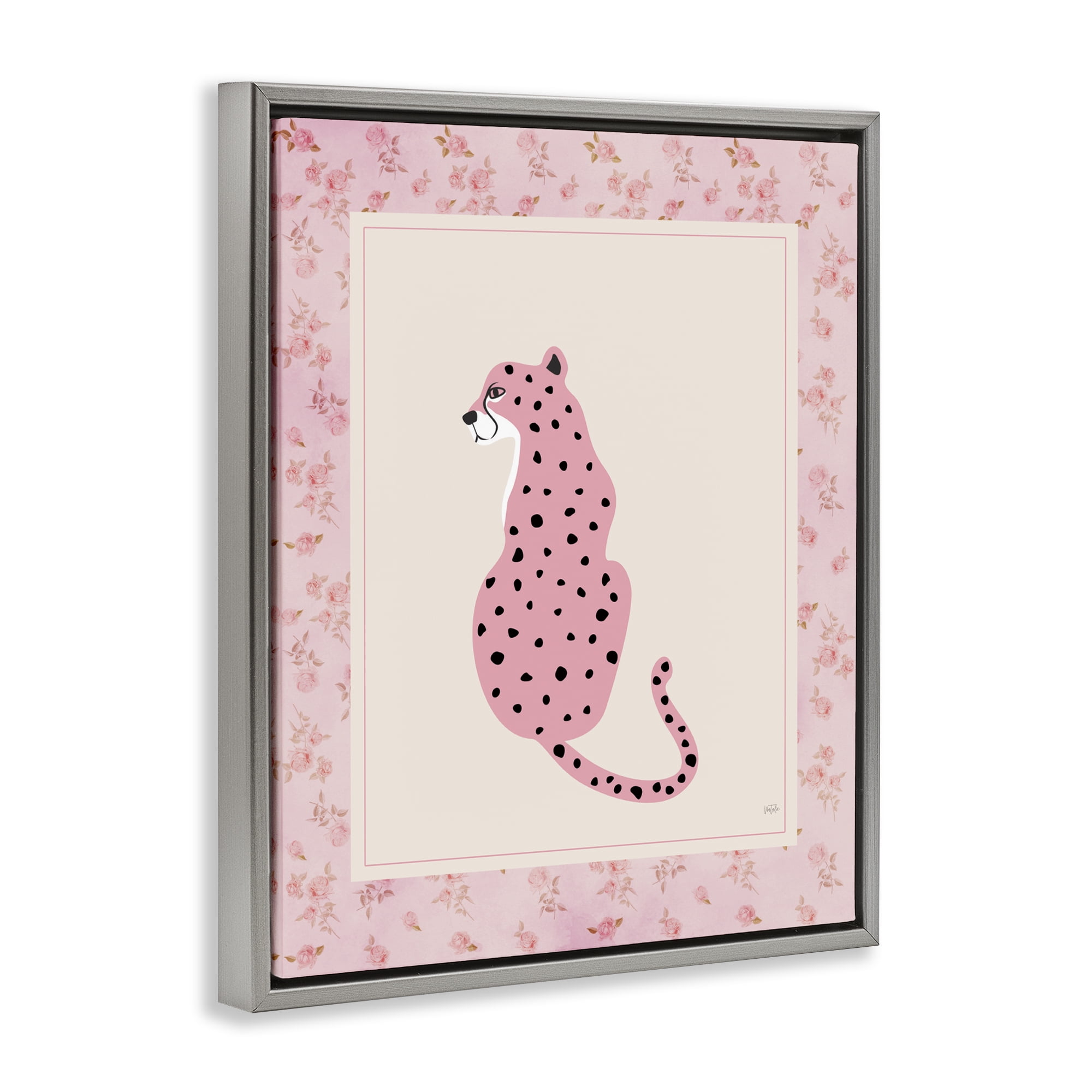 Stupell Industries Pink Sitting Cheetah with Border Gray Framed Floater Canvas Wall Art, design by Natalie Carpentieri