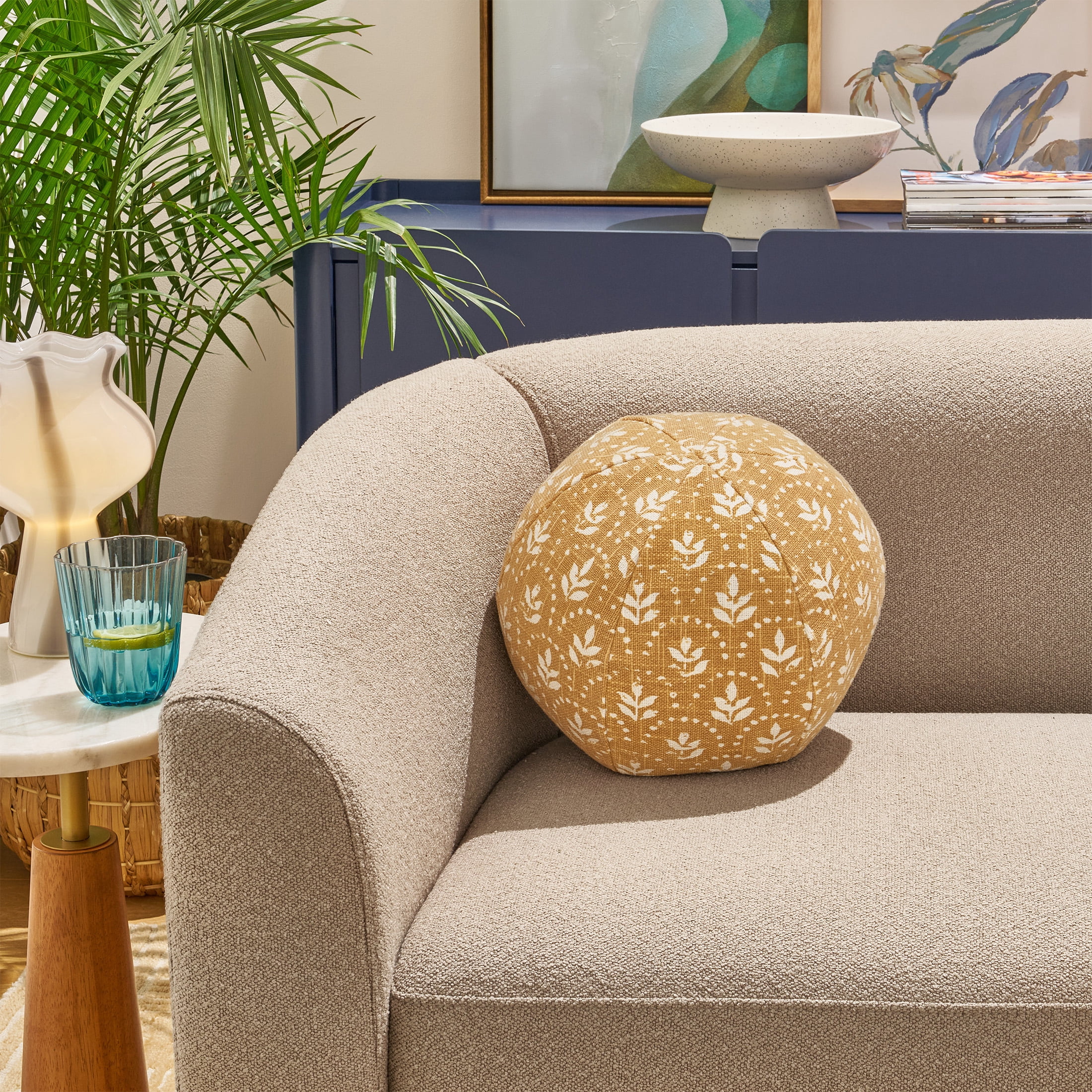 Beautiful 11" Amber Yellow Block Print Round Decorative Pillow by Drew Barrymore