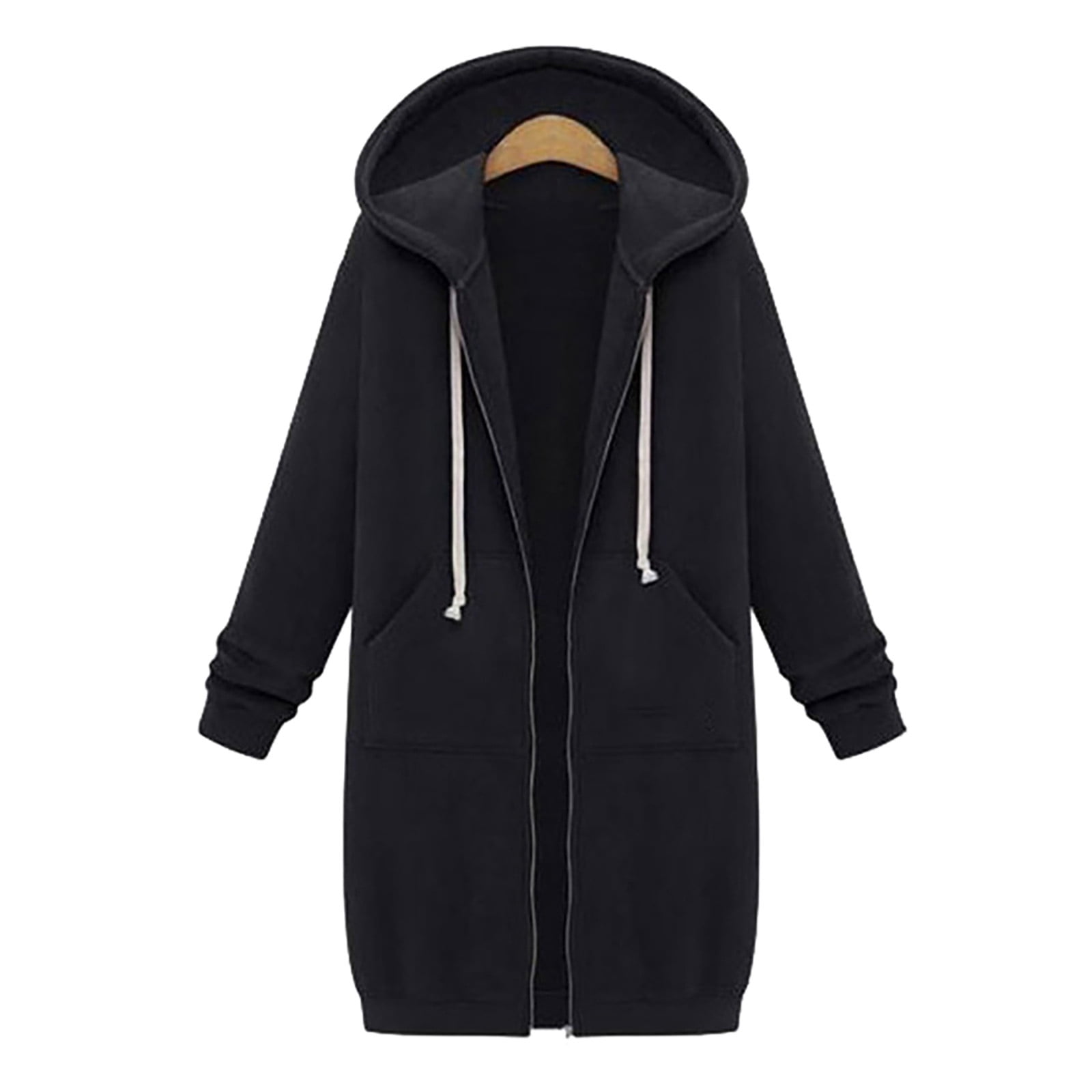 Scyoekwg Long Coats for Women Overcoat Long Sleeve Hooded Neck Coat Solid Color Casual Jacket Plus Fleece Insert Pocket Hooded Zipper Mid Length Sweater Black L