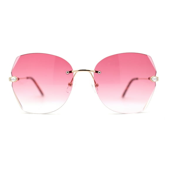 Womens Rimless Rhinestone Bevel Angular Lens Butterfly Sunglasses Gold Pink