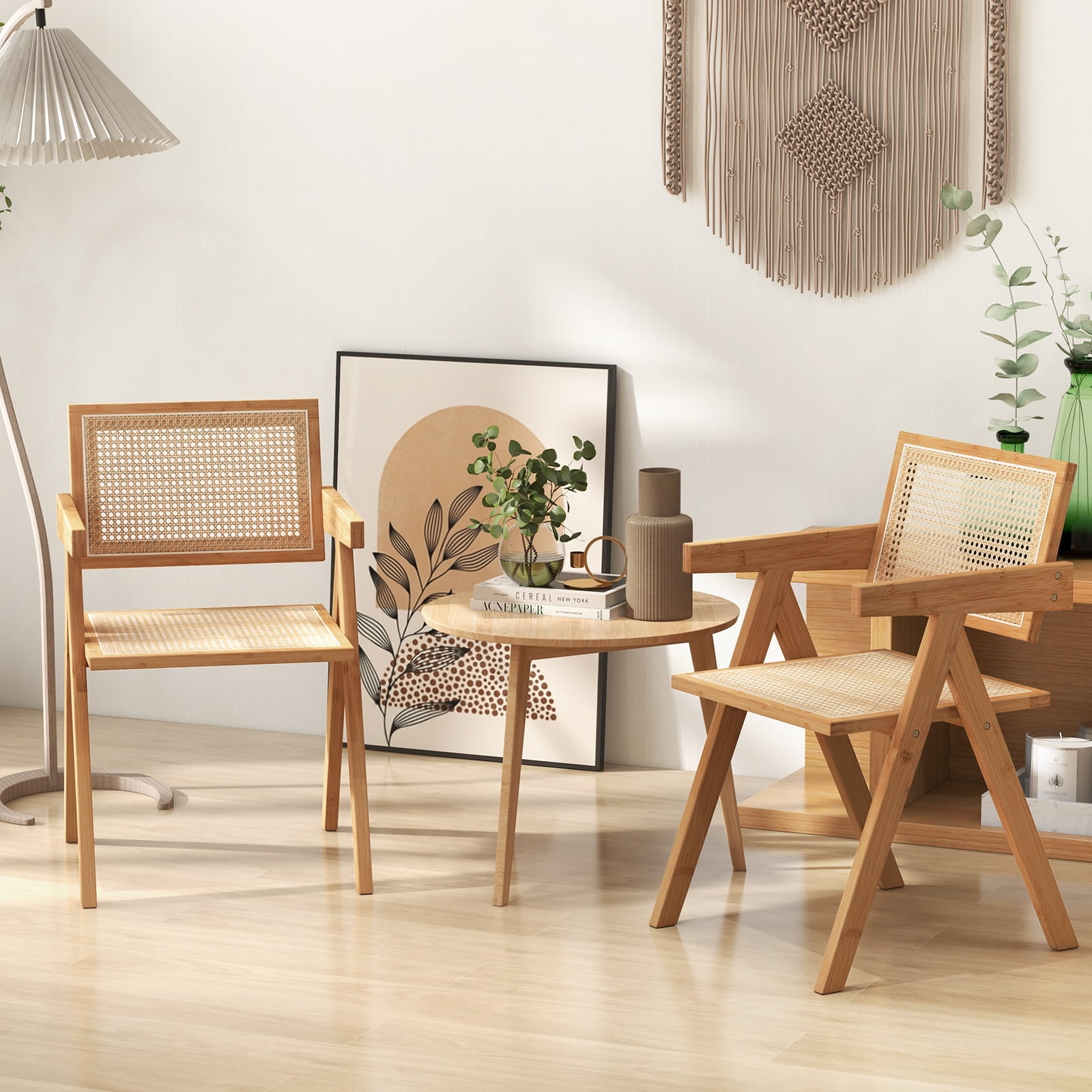 Costway Set of 2 Rattan Accent Chairs Mid Century Dining Armchair Bamboo Frame Kitchen Walmart
