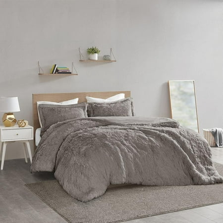 Twin Leena 2pc Shaggy Faux Fur Duvet Cover Set Gray