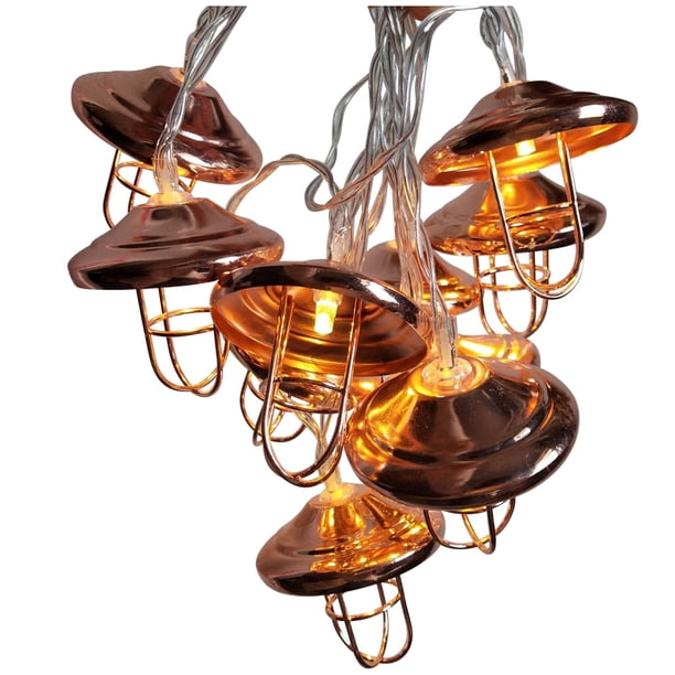 Pantalla de lámpara estilo industrial de hierro, oro rosa, luces geométricas de cadena, decoración de cafeterías, fiestas, patios, luces de Navidad de alambre, luces LED de cadena navideñas, luces