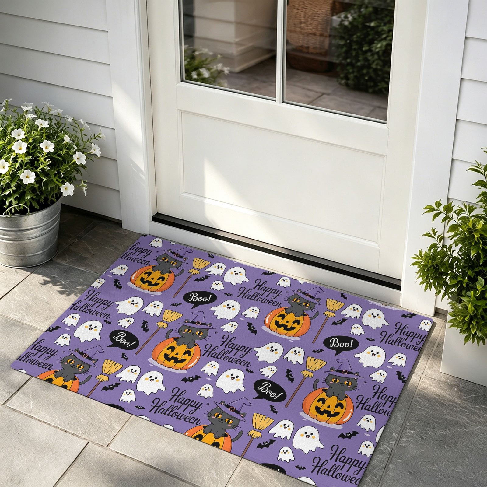 Front Door Mat Indoor Outdoor Entrance Halloween Low Profile Doormats Non-Slip Backing Orange Pumpkin Funny Ghost Black Cat Purple Absorbent Welcome Mat for Entryway Hallway 16 x24