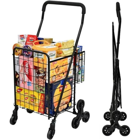 Grocery Shopping Cart with 360° Rolling Swivel Wheels Stair Climber Utility Cart Easily Collapsible Cart with Tri-Wheels, 66lb Extended Foam Cover, Trolley for Stair, Laundry, Travel (Black)