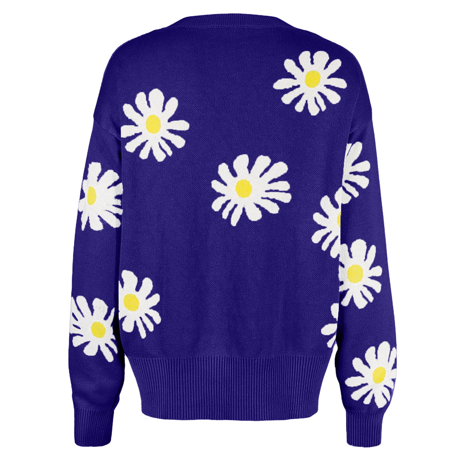 ZQGJB Cute Daisy Flower Printed Cardigan Sweaters for Women Aesthetic  Classic Fit Button Down Open Front Jacquard Knitted Sweater Plus Size Tops  Blue
