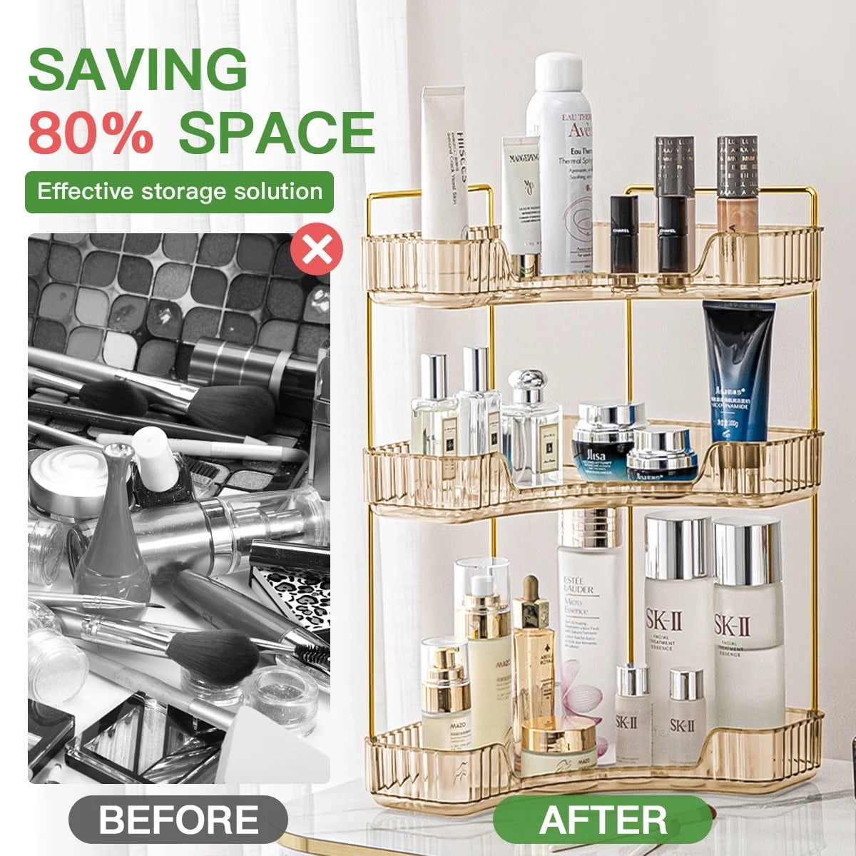 TEAFIRST 3-Tier Makeup Organizer, Bathroom Corner Countertop Organizer Space Saving waterproof Gold