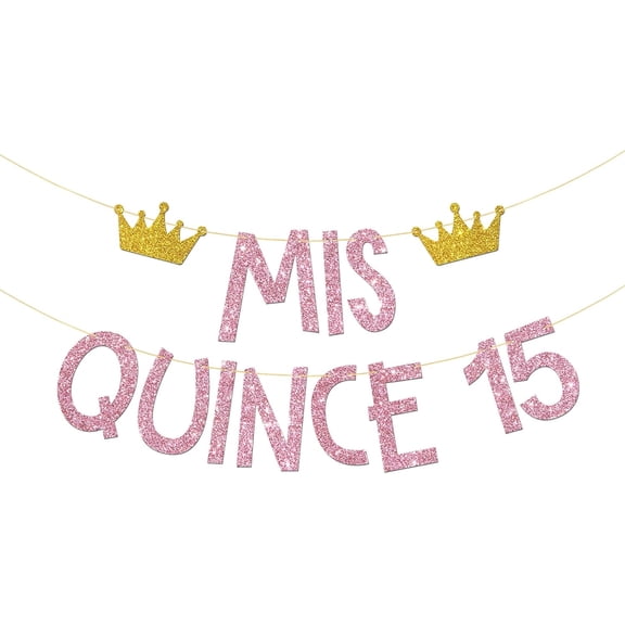 Mis Quince 15 Banner, Pink Glitter, Girl's 15th Birthday Bunting Banner, Feliz Cumpleanos 15, 15 Years Old Birthday, Spanish Themed Happy 15th Birthday Party Decoration Supplies