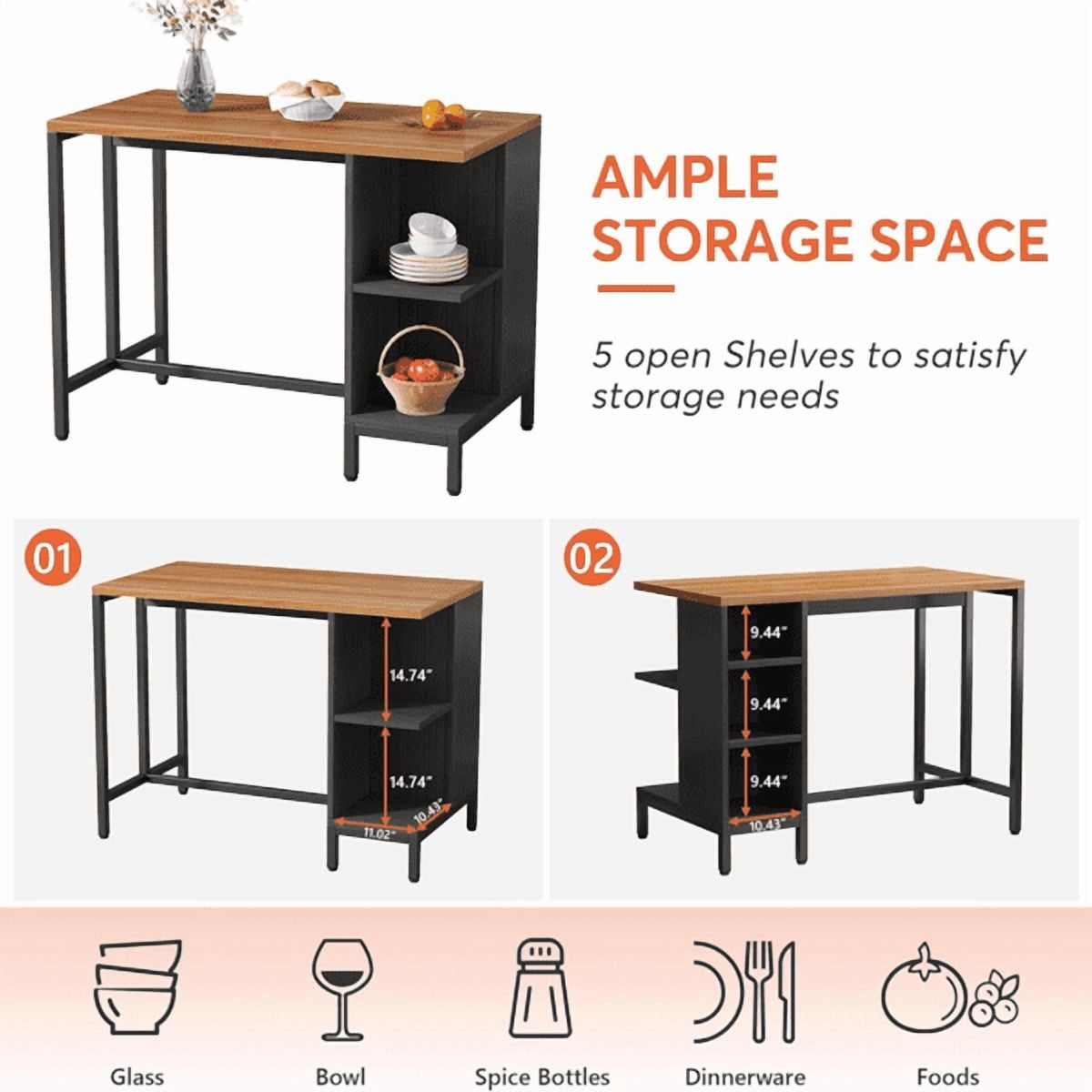 Kitchen Island Table w/ 5 Open Shelves & Walnut Top - Freestanding Prep Station w/ Adjustable Feet for Small Spaces, Rustic Storage Solution