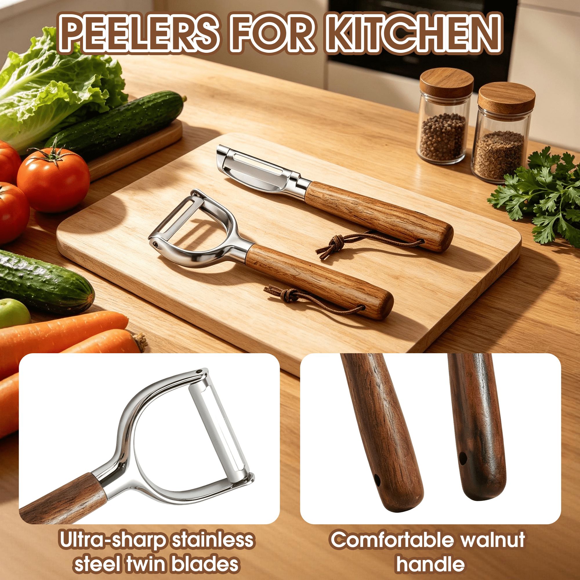 Vegetable Peeler Set of 2 (Straight + Y Peeler), Potato Peelers with Stainless Steel Swivel Blades and Wood Handle, Fruit & Veggie Peeler for Kitchen