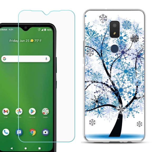 Slim-Fit TPU Fashion Phone Case for Cricket Icon 3, with Tempered Glass Screen Protector, by OneToughShield ® - Snowflakes Tree