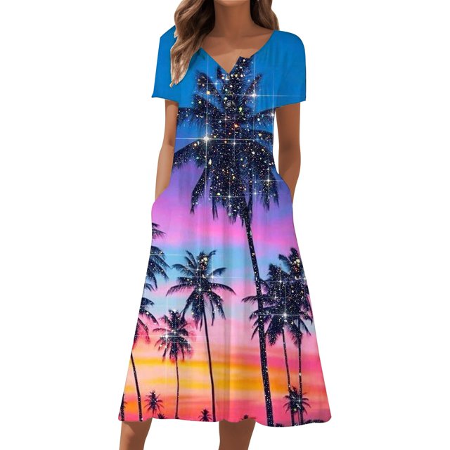 Gibobby Vestido Casual para Mujer Vestido holgado de cuello redondo con estampado floral de manga corta informal de verano para mujer Mini vestidos d(Azul,CH)