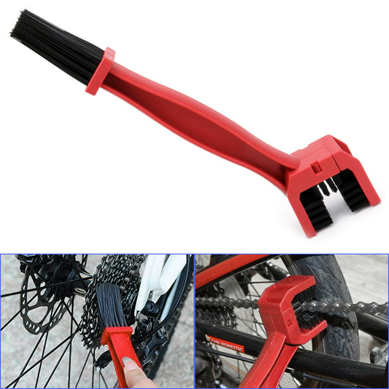 Motorcycle Bike Chain Brush Kit, 3 Side Chain Cleaner Bicycle Cleaning Tool  for All Type Chain Gears - Red