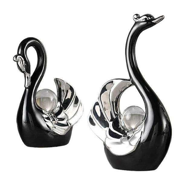 2 estatuas de cisne para decoración de sala de estar, decoración de estatua de animales de cerámica para estantería, hogar, sala de estar, decoración negro