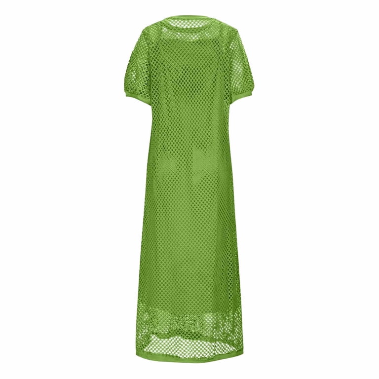 knit mesh dress Vnkidy Womens Casual Crochet Maxi Round Neck Short Sleeves See Through Cover Up Dress For Beach Vacation Summer Layering Trendy Dress PREFALL2627