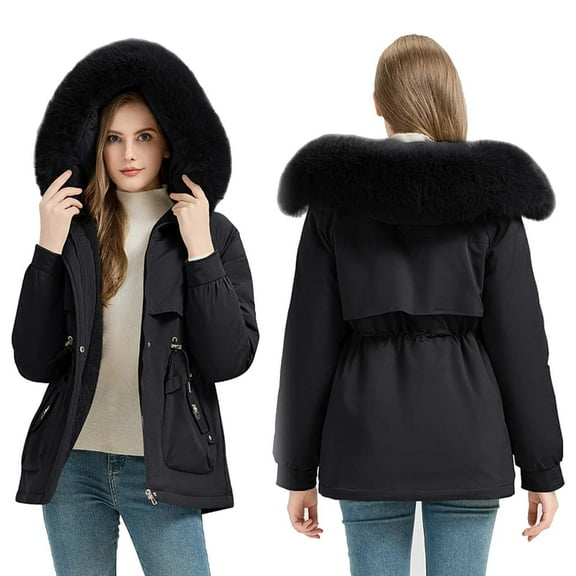 Sriper Winter Coats for Women Mid Length Zip up Faux Fur Hooded Padded Jacket Long Sleeve Thicken Warm Quilted Coat Windproof Thermal Soild Outerwear Cold Weather 2025 Fashion Outfits with Pockets