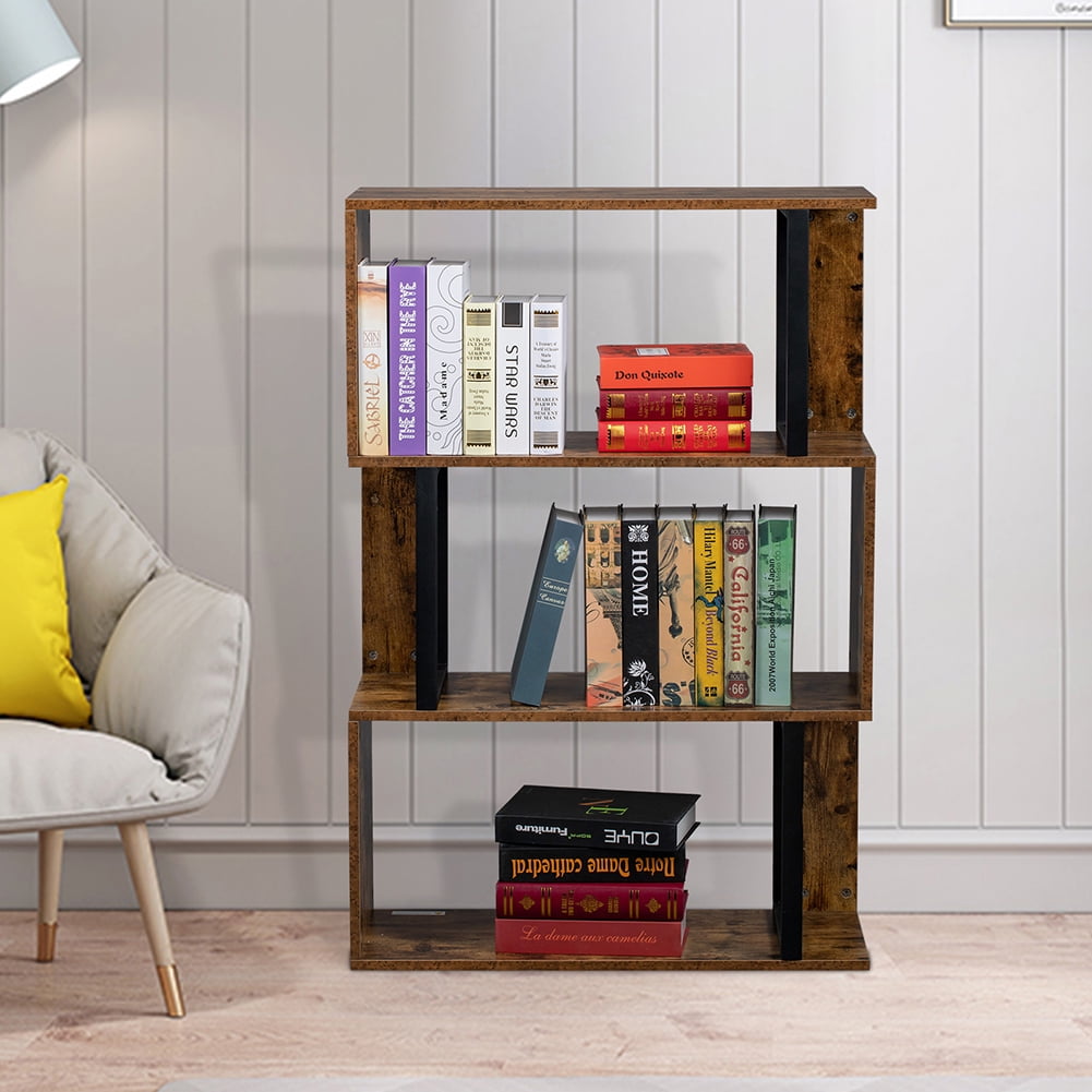 Veryke 3-Tier Bookcase S-Shaped Industrial Bookshelf Z-Shaped Display Storage Shelf for Home Office Wood Grain