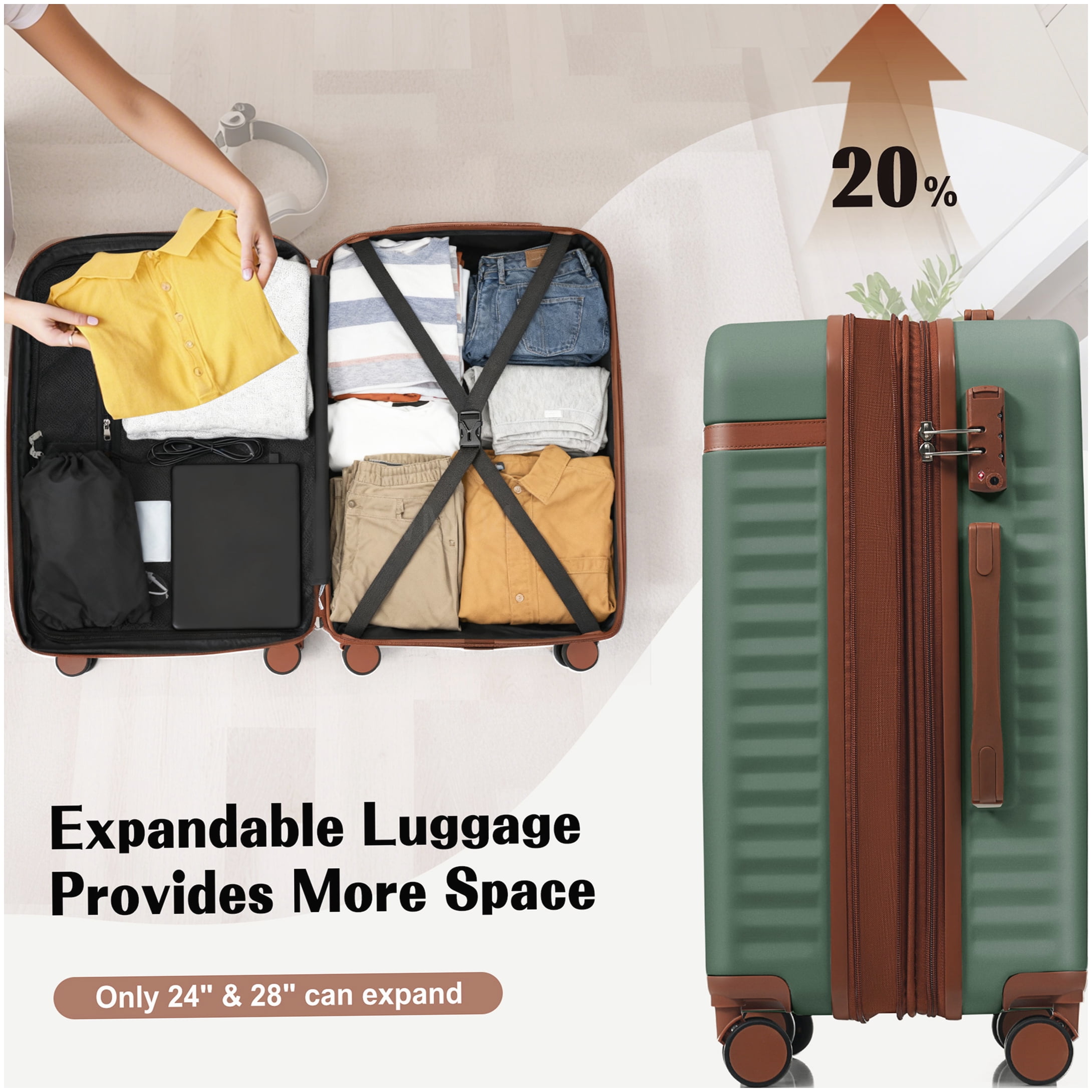 MANGIJOY Carry On Luggage with USB Port and Front Pocket, ABS 3-Piece Hardside Spinner Suitcase Set in Green for Men &; Women