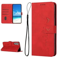 Mantto Wallet Case For Samsung Galaxy A16 5G, Magnetic Closure Heart Patterned Embossed PU Leather Kickstand Credit Card Holder Slots Wrist Strap Flip Folio Cover,Red