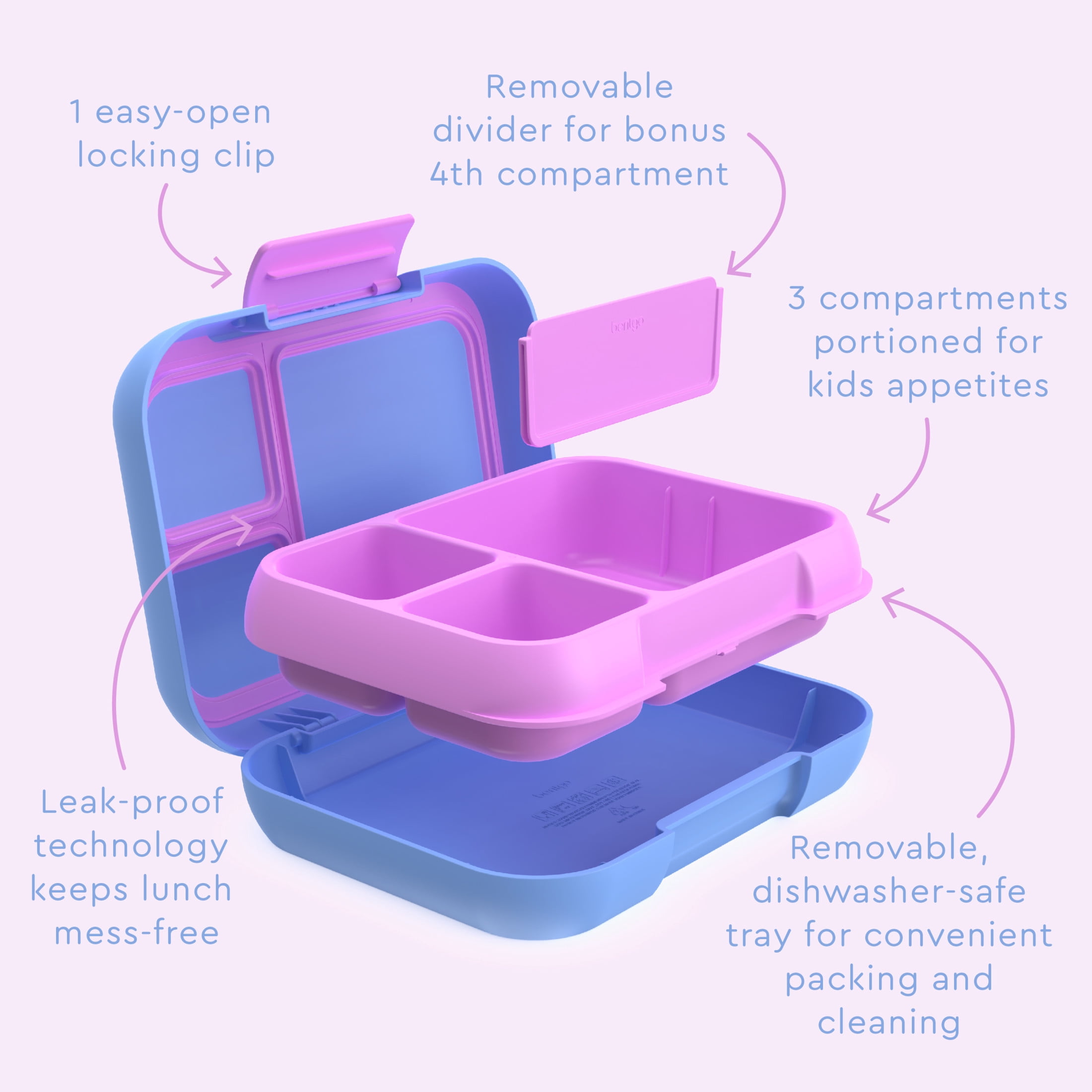 Bentgo® Pop - Leak-Proof Lunch Box & Removable Divider for Ages 8+ & Teens - Lunch Container Holds 5 Cups of Food; 3-4 Compartments; Microwave/Dishwasher Safe; 2 Year Warranty (Periwinkle/Pink)