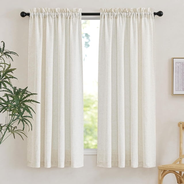shiyou-Linen Curtains 63 Inches Long Rod Pocket Light Filtering for Living Room/Kitchen, Natural Semi Sheer Drapes Window Treatments with Linen Textured Privacy for Bedroom, 52 Inches Wide, 2 Panels