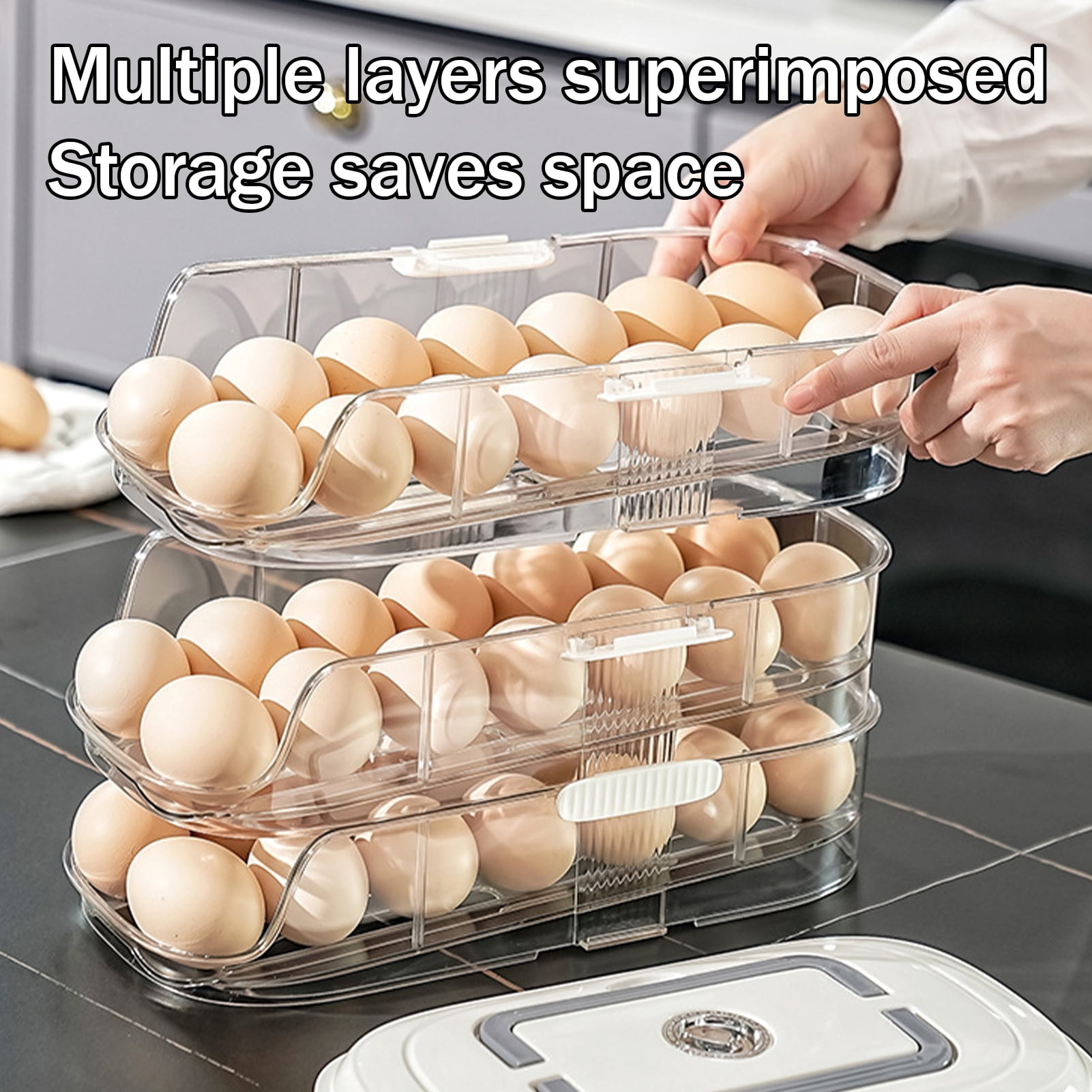 mdesiwst Automatic Rolling Egg Holder 1/2/3-Tier Kitchen Fridge Fresh Egg Storage Rack Plastic Egg Organizer Container Dispenser with Handle