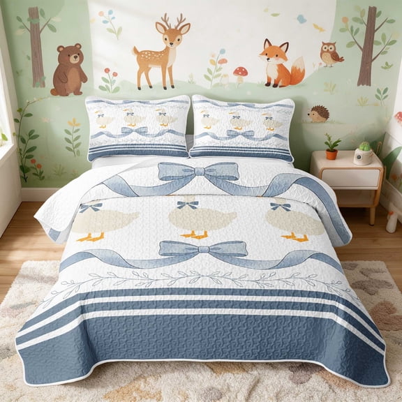 Erosebridal Duck Twin Quilt Set for Girls, Blue Ribbon Twin Coverlet Set, 2-Piece 1 Bedspread and 1 Pillowcase