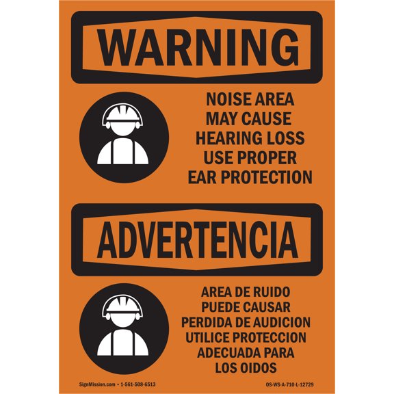 OSHA WARNING Sign - Noise Area Use PPE Bilingual | Plastic Sign | Protect Your Business, Construction Site, Warehouse & Shop Area | Made in the USA