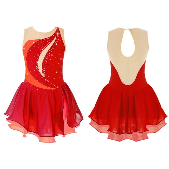 Aislor Kids Girls Sleeveless Figure Ice Skating Dress Mesh Patchwork Sequins Rhinestone Ballet Leotard Dress Dancewear Red 12