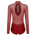 thumbnail image 4 of Hansber Women's Gymnastics Leotard Long Sleeve Sheer Mesh Patchwork Rhinestones Figure Skating Dance Bodysuit Burgundy S, 4 of 5