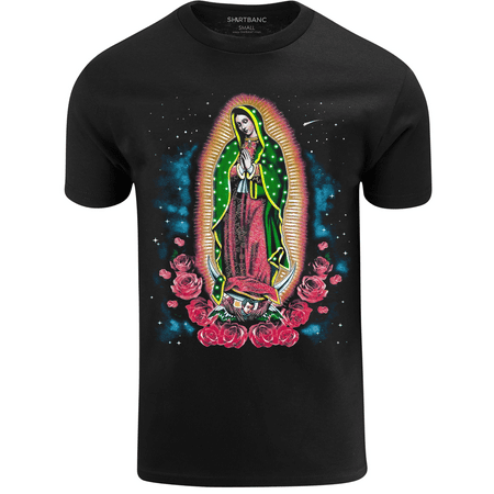 ShirtBANC Mens Celestial Rose Virgin Mary Shirt Shooting Star Floral Design Tee