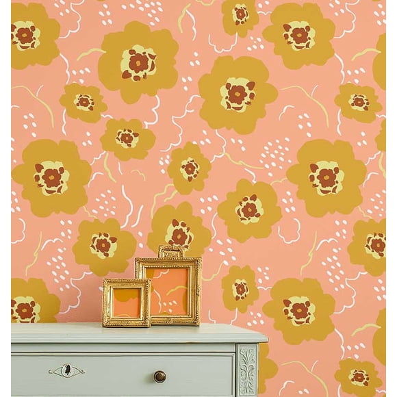 S4Sassy Peel and Stick Wall Covering, Abstract Floral Removable Wallwrap - Peach Kids Room Wall Mural, Instant Walls Makeover Sticker for Kid's Room, Self-Adhesive Removable Wallpaper Vinyl - 25"x60"