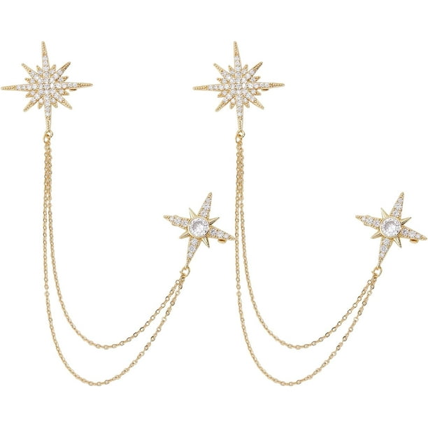 2 Broches Dorados con Cadena, Broche de Estrella, Pin de Solapa, Broche de Circonita Cúbica, Broche Dorado con Cadena de Borla para Traje, Esmoquin, Camisa, Corbata, Sombrero, Bufanda