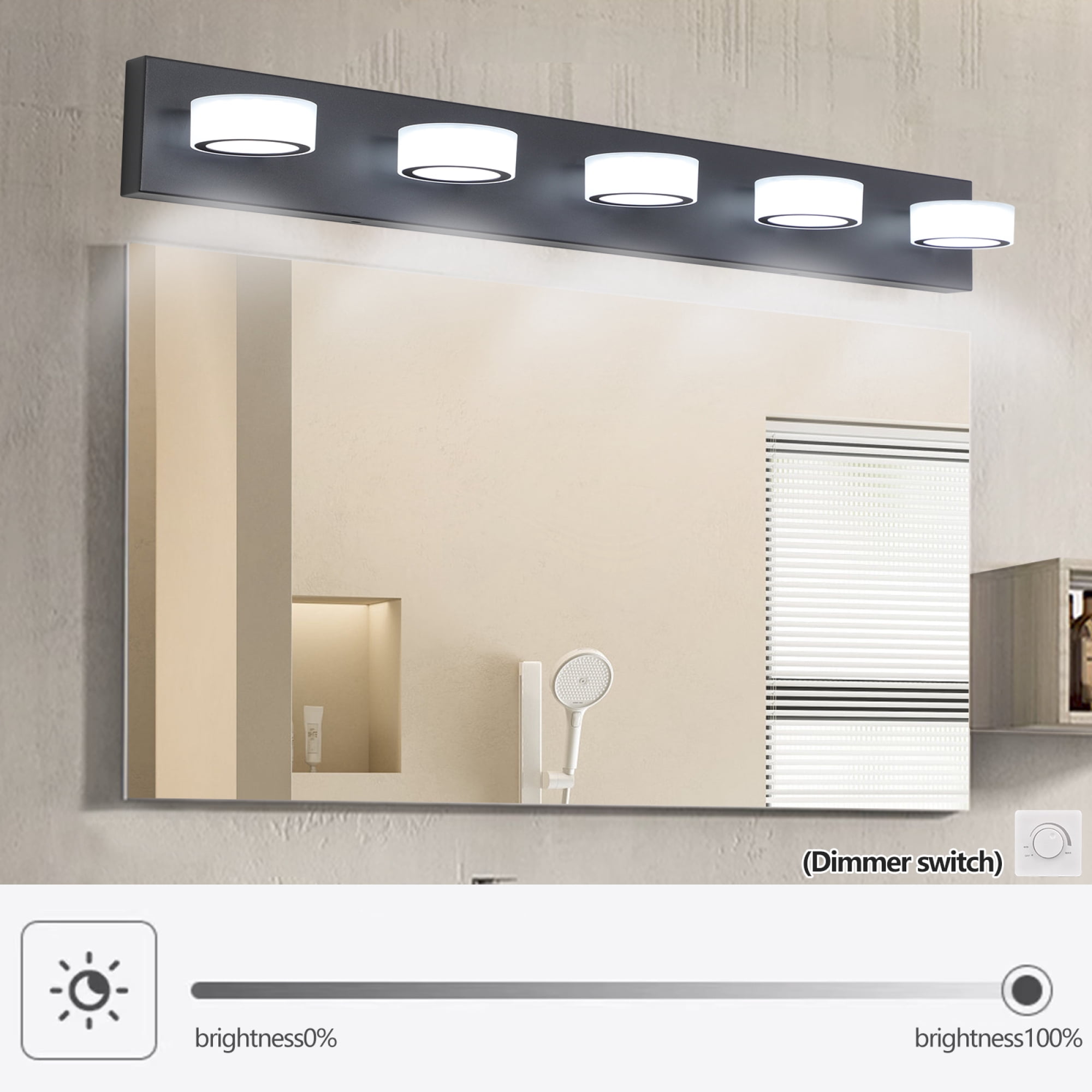 Leumius Modern 5-Light LED Vanity Light Fixture, Black Finish with Acrylic Light Shades, Energy-Efficient Bathroom Wall Sconce, Dimmable for Mirror, Shower and Bathroom Decor