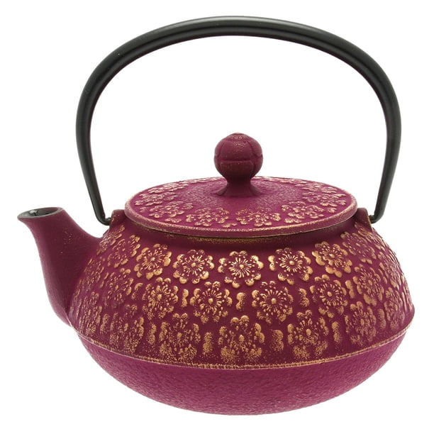 iwachu japanese iron tetsubin teapot, cherry blossoms, gold and purple