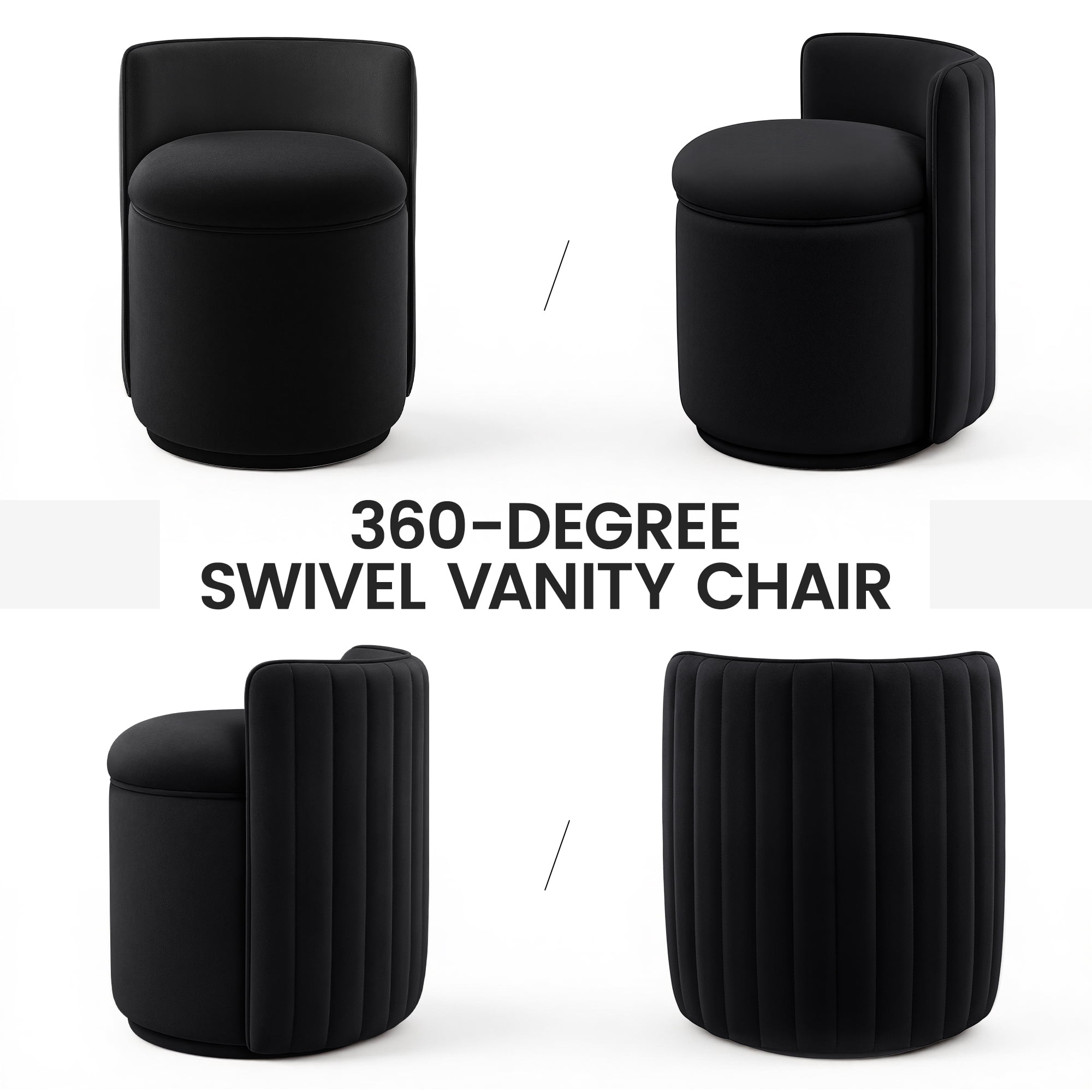 COOLHUT Vanity Chair, Upholstered Vanity Stool with Storage, Velvet Swivel Accent Chair, No Assembly Small Accent Stool, Makeup Chair for Bedroom, Living Room and Dressing Area, Black