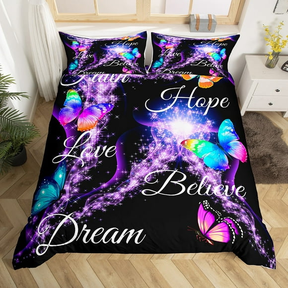 Butterfly Bedding Set King,Colorful Butterflies Duvet Cover,Glitter Starry Sky Galaxy Comforter Cover Watercolor Animal Bed Set for Kids Child Girls Faith Hope Love Believe Dream Motivational Sign