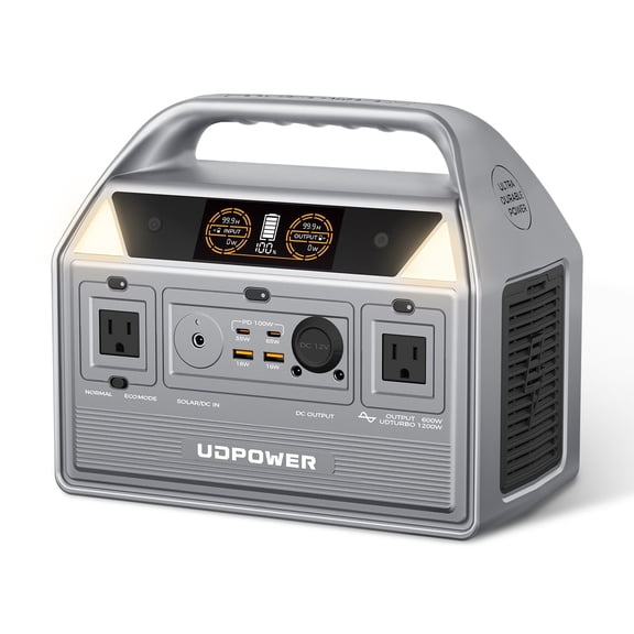 UDPOWER C600 Portable Power Station - 600W(Surge 1200W) AC Output, 595Wh LiFePO4 Battery, Solar Generator for Camping, Travel, RV, Emergency Power Backup(Grey)