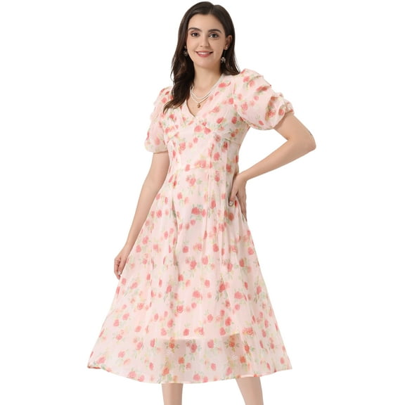DARING DIVA Organza Dress Puff Floral Print Dress L Pink