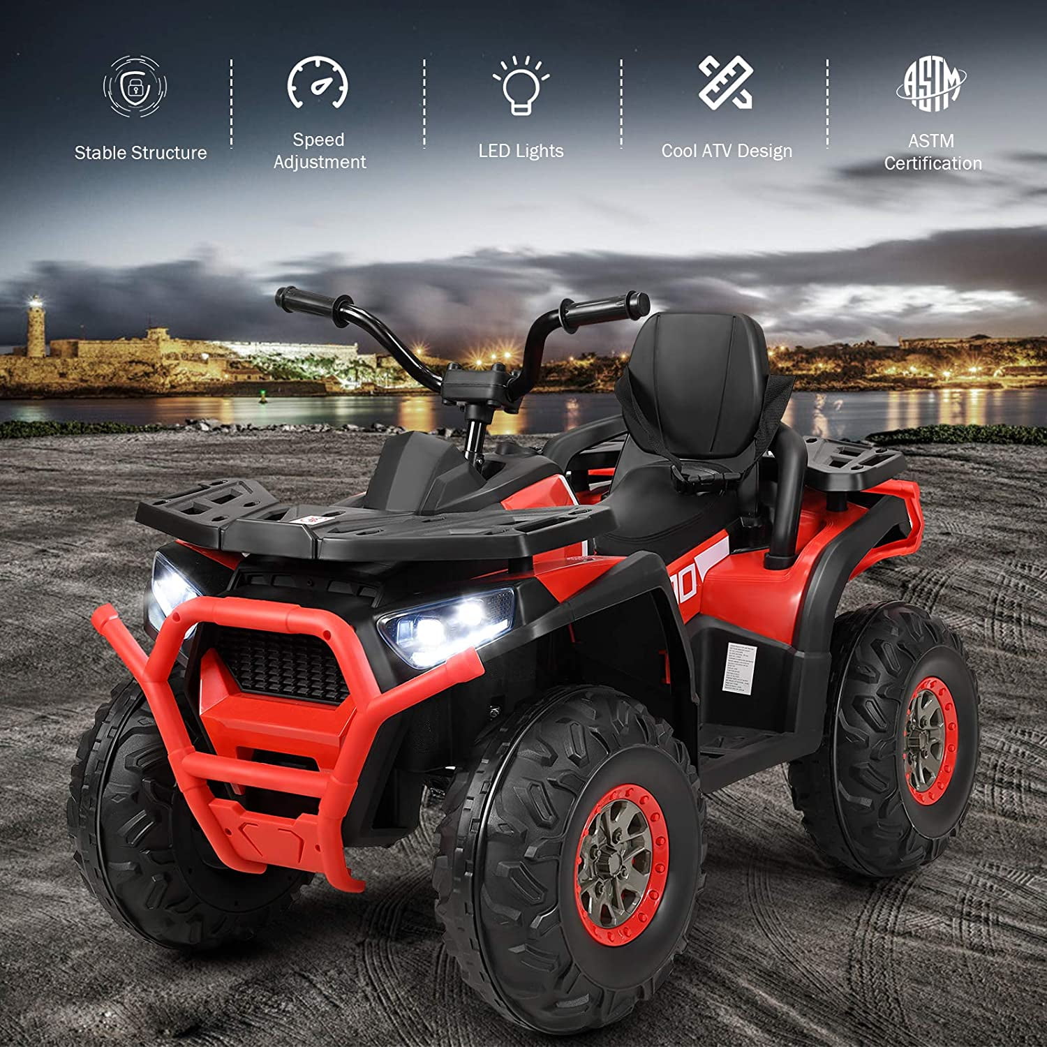 Private Jungle Ride on ATV,12V Battery Powered Electric Vehicle w/ Safety Belt,LED Lights,Horn,2 Speeds,USB/ MP3/TF,Rear Wheel Motorized Ride on 4 Wheeler Quad Car(Red)