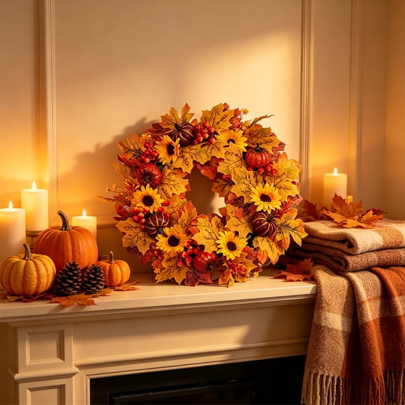 Bcylexb Fall Floral Wreaths for Front Door, 21.7" Artificial Sunflower Wreaths Fake Maple Leaf Wreaths with Pumpkins Hanging Wall Wreath for Door Window Home
