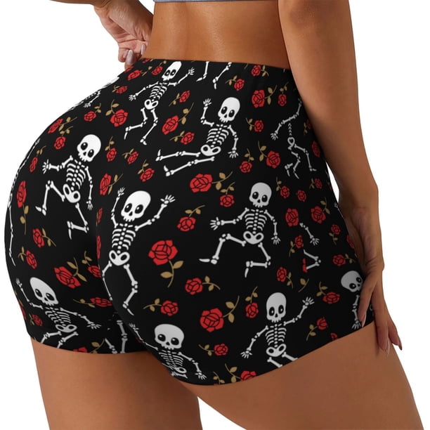 Fotbe Skeleton with Roses Shorts Sin Costuras – Shorts Deportivos de Cintura Alta para Mujer, Elásticos para Gimnasio, Yoga, Running o Ciclismo-X-Large