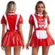 thumbnail image 3 of Uniforme de sirvienta traviesa para mujer, ropa para discoteca, vestido de Cosplay de sirvienta de charol brillante, adornos con volantes, delantal con lazo, vestido acampanado con mangas abullonadas, 3 of 5