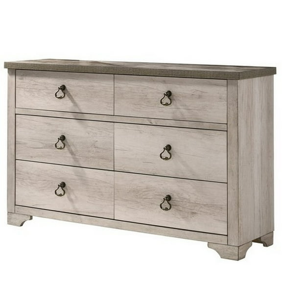 Benjara BM215299 6 Drawer Wooden Dresser with Metal Ring Pulls, Weathered Brown