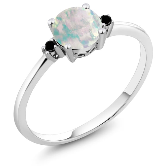 Gem Stone King 10K White Gold Simulated White Opal and Black Diamond Solitaire Engagement Ring for Women (0.33 Cttw, Round Cabochon 6MM, Gemstone October Birthstone, Size 7)
