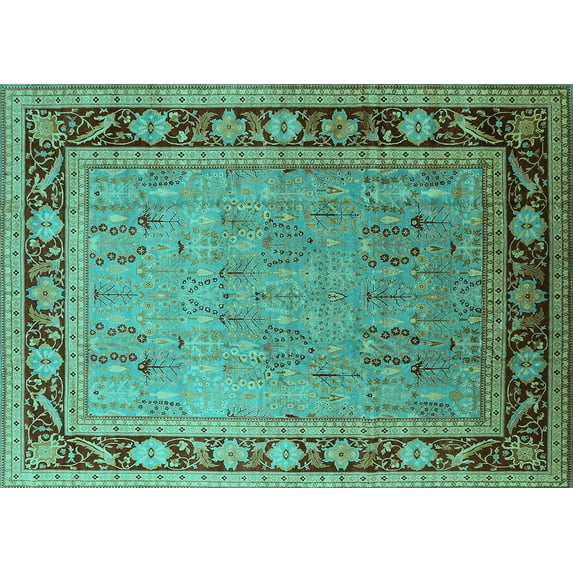 Ahgly Company Machine Washable Indoor Rectangle Oriental Turquoise Blue Industrial Area Rugs, 3' x 5'