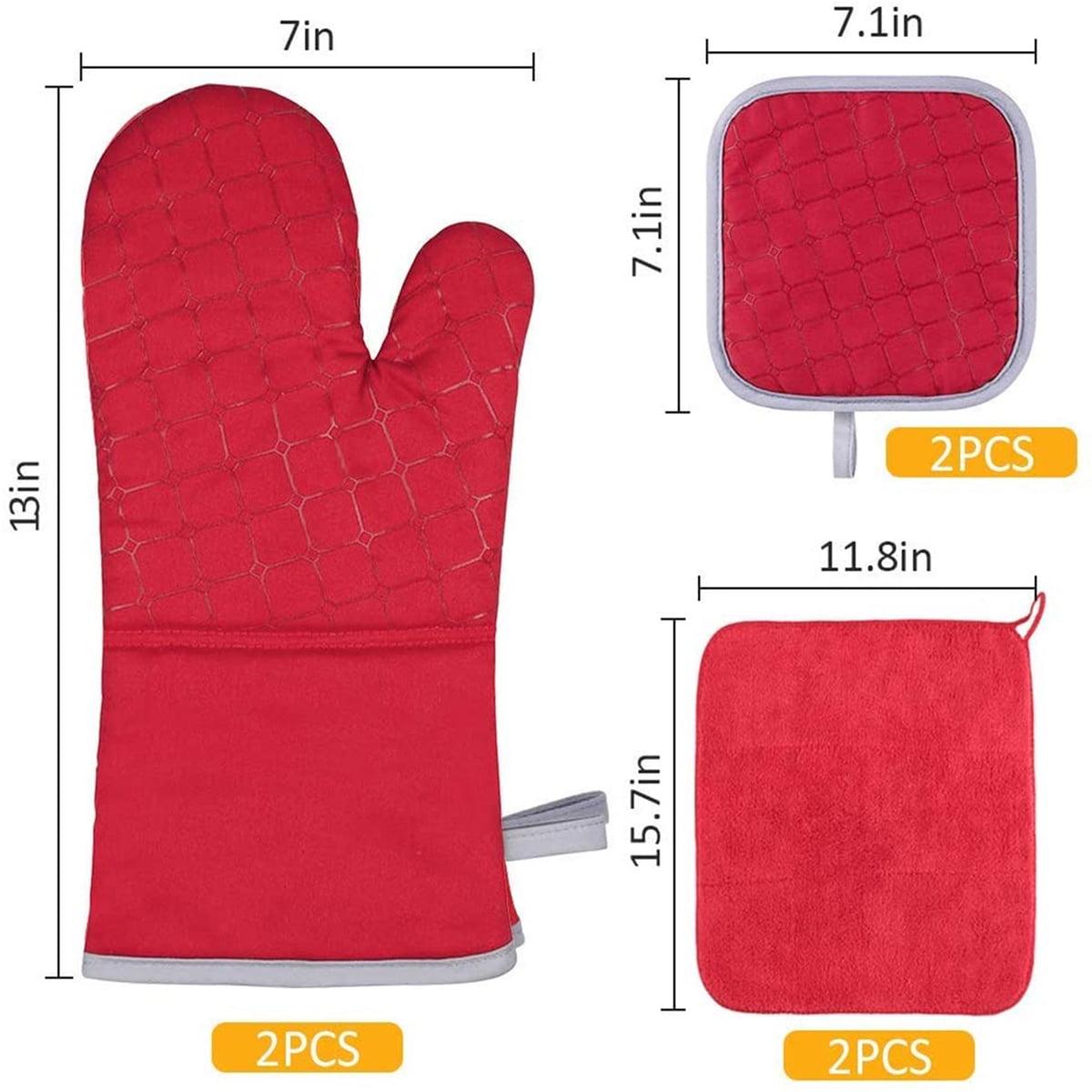 6Pcs Kitchen Oven Mitts, Cotton Oven Gloves with Pot Holders & Towels for Baking Cooking BBQ