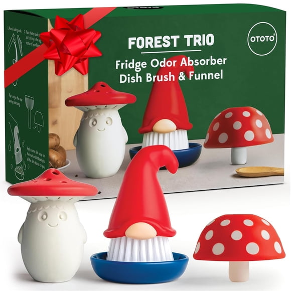 OTOTO Forest Trio Bundle of Beardy, Magic Mushroom, Fun Guy - Gnomes Dish Brush, Fungilicious Kitchen Funnel, Fridge Deodorizer, Mushroom D