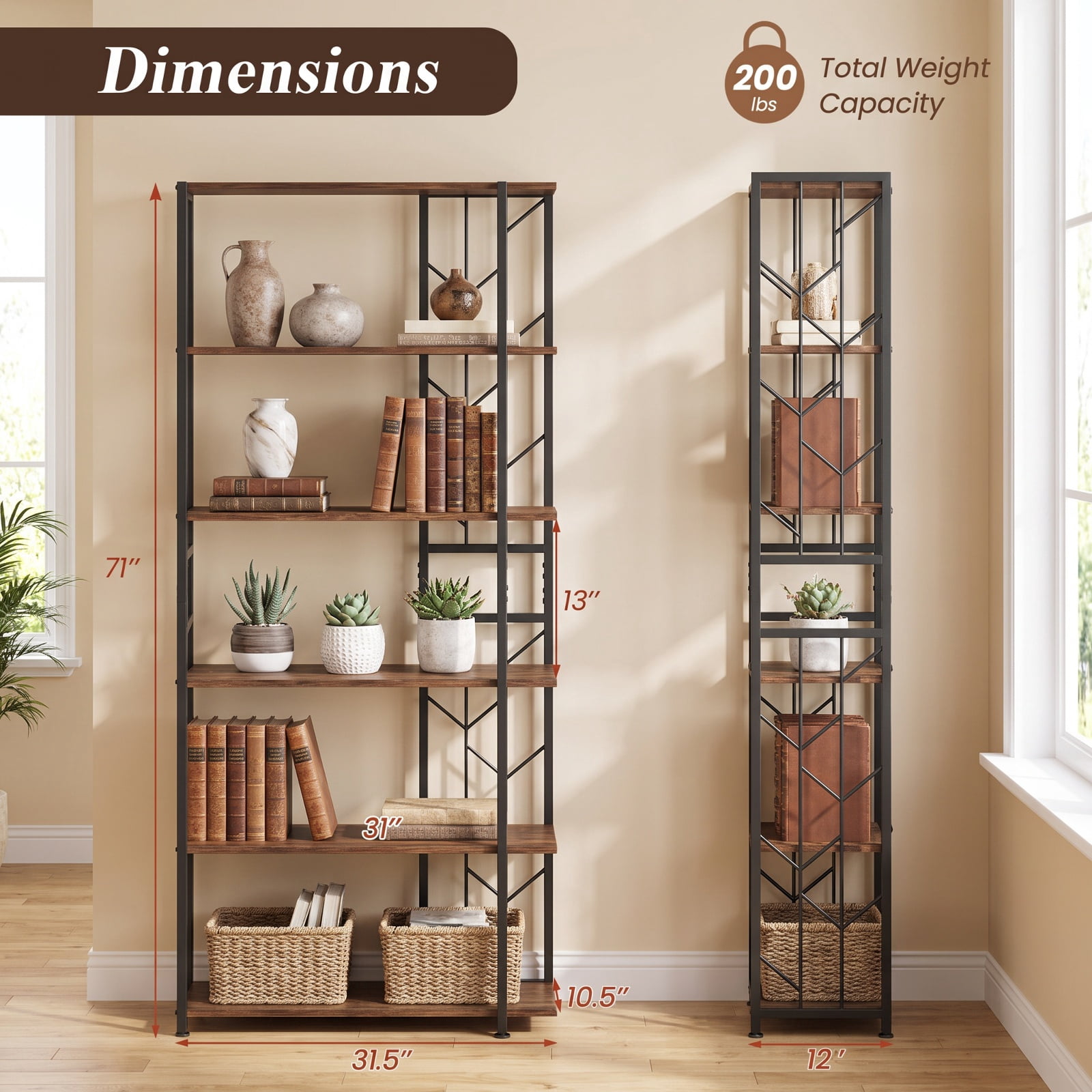 Furnibear 6-Tier Bookshelf Modern Geometric Bookcase with Heavy-duty Metal Frame and Anti-tipping Kits for Living Room Home Office, Rustic Brown